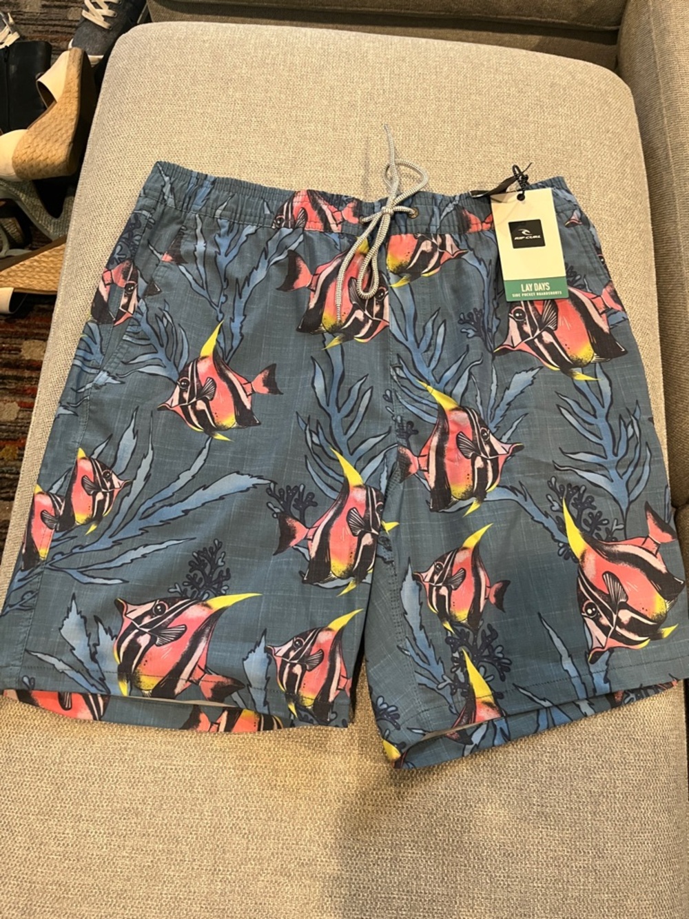 Quiksilver Men’s Blue Swim Trunks with Pink & Yellow Tropical Fish flow volley